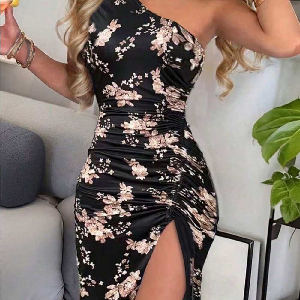Floral One-Shoulder Black Dress